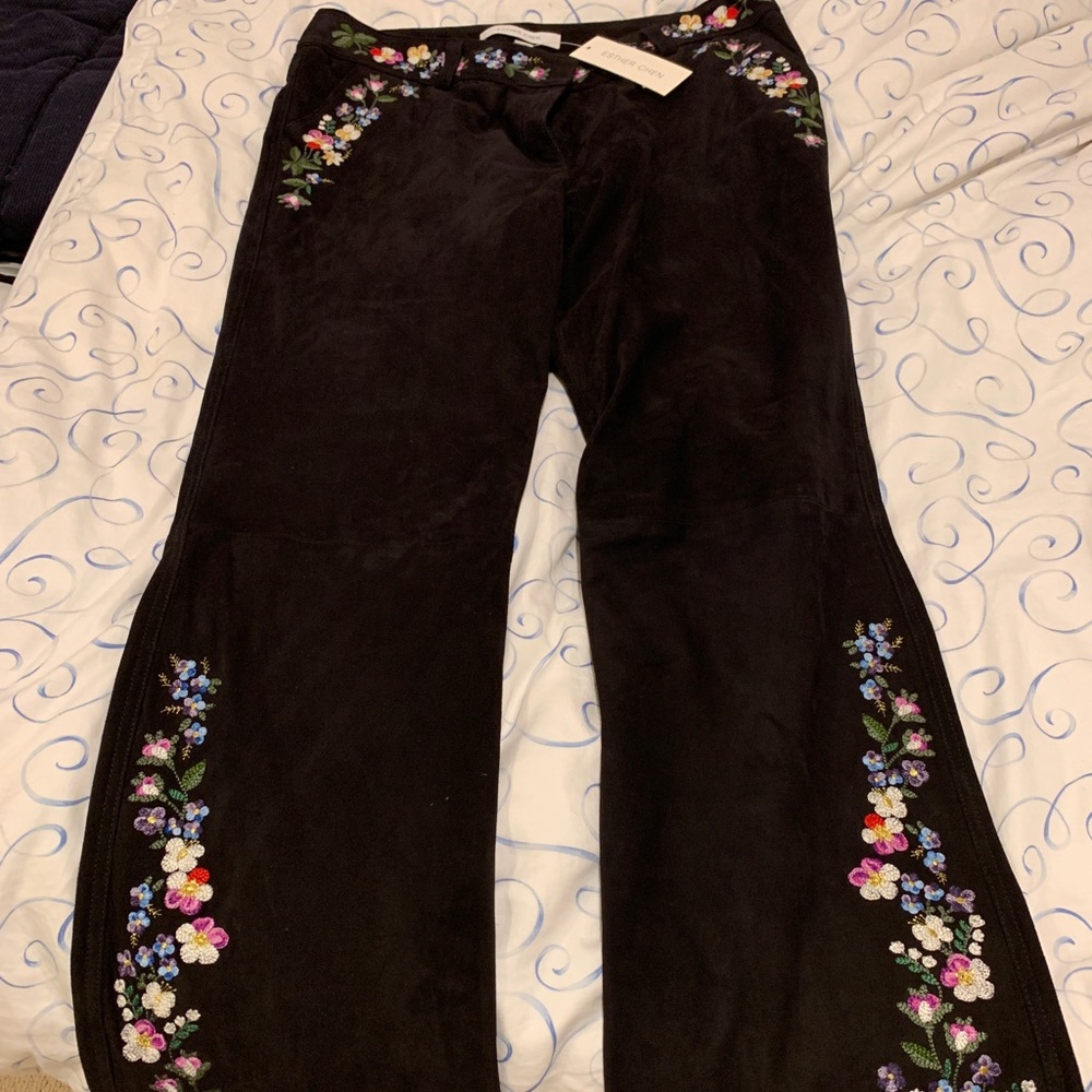 Esther Chen embroidered suede pant